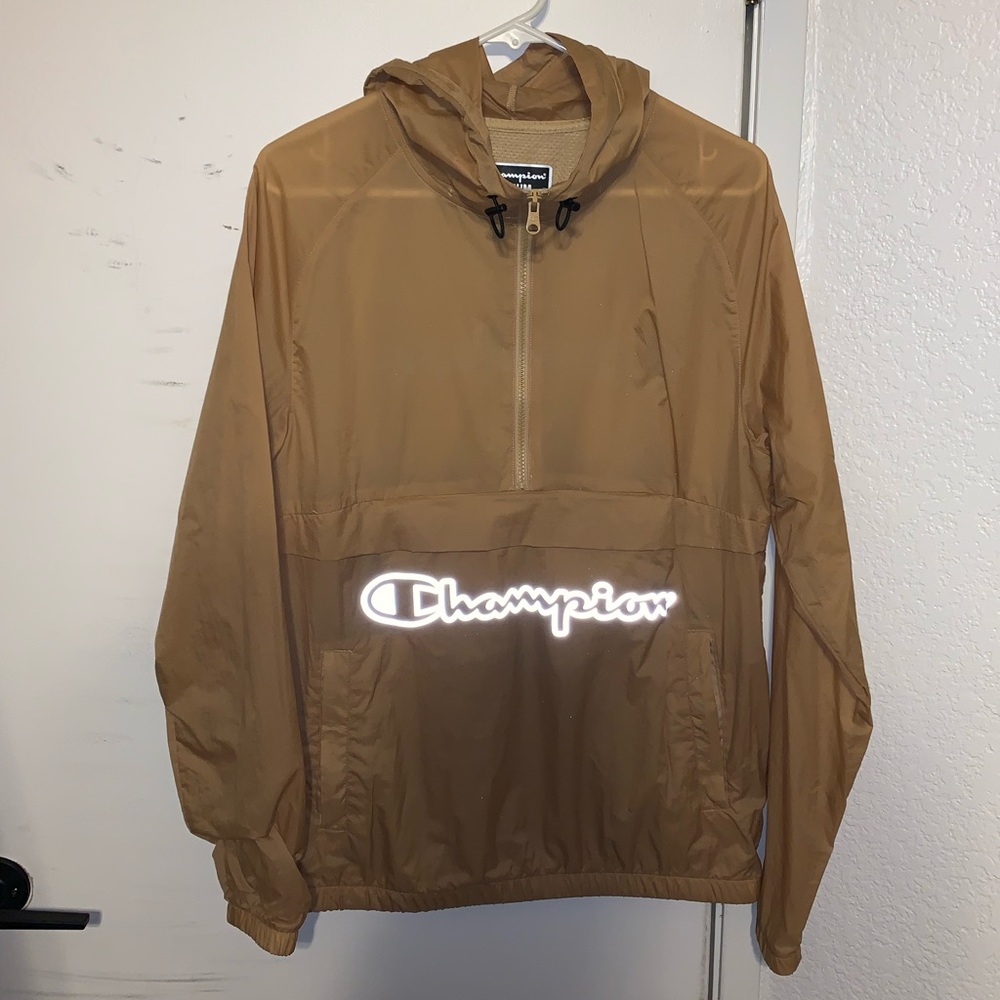 Tan/brown Champion quarter/half zip windbreaker/rain jacket. Size medium